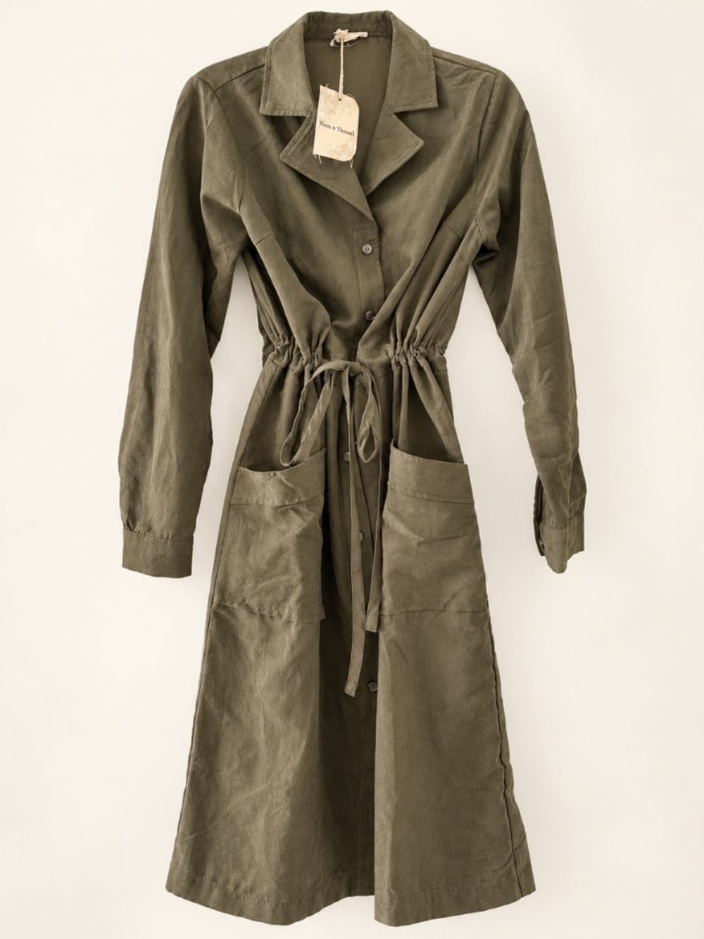 NWT Hem & Thread Olive Green Utility Midi Shirt Dress